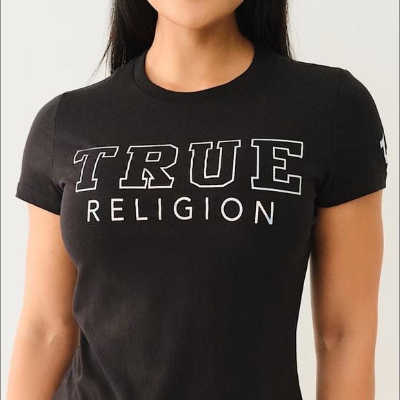 NWT True Religion Iridescent Logo Black Tee Womans Size Xlarge Shortsleeve - Picture 1 of 7